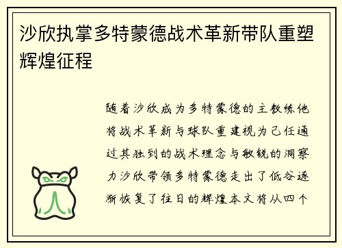 沙欣执掌多特蒙德战术革新带队重塑辉煌征程